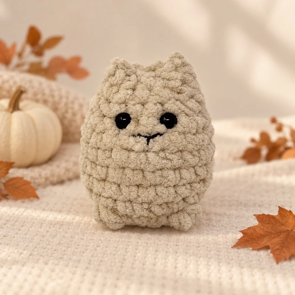 Handmade Crochet Cat Plush Mini Cream Kitty Amigurumi Shelf Decor